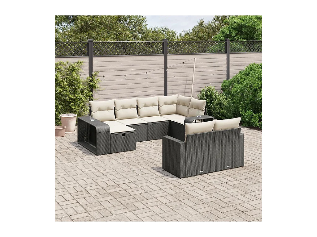 Salon de jardin 10 pcs avec coussins noir résine tressée