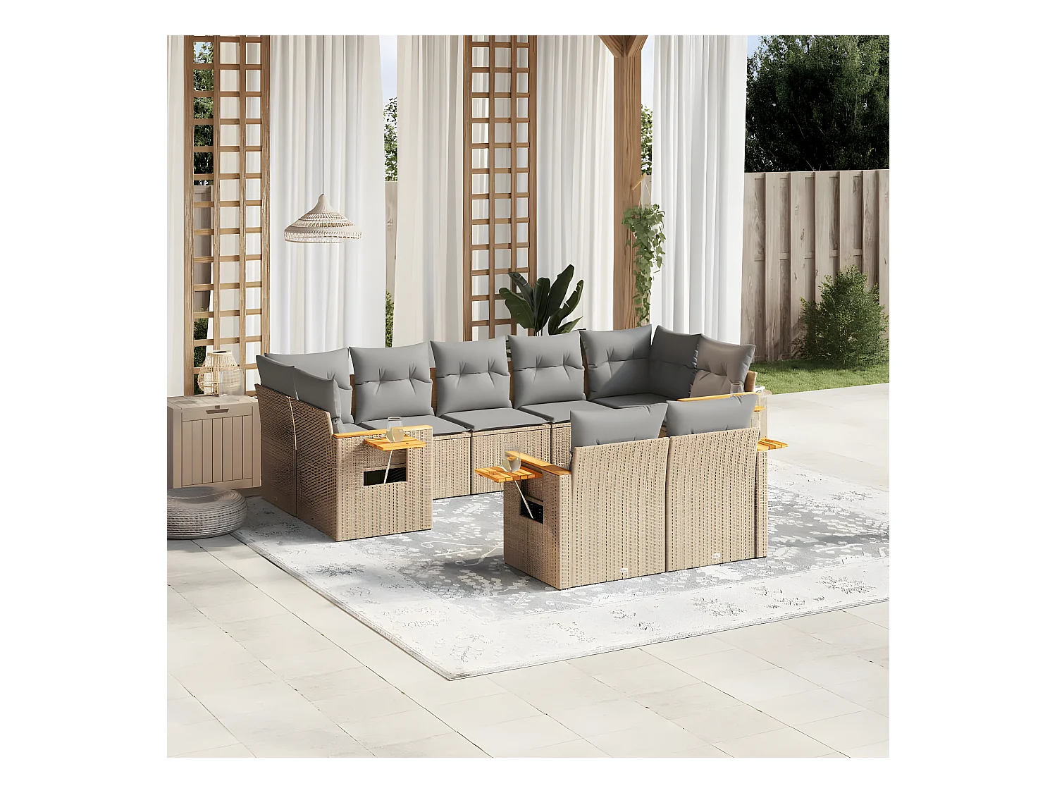 Salon de jardin avec coussins 9 pcs beige résine tressée
