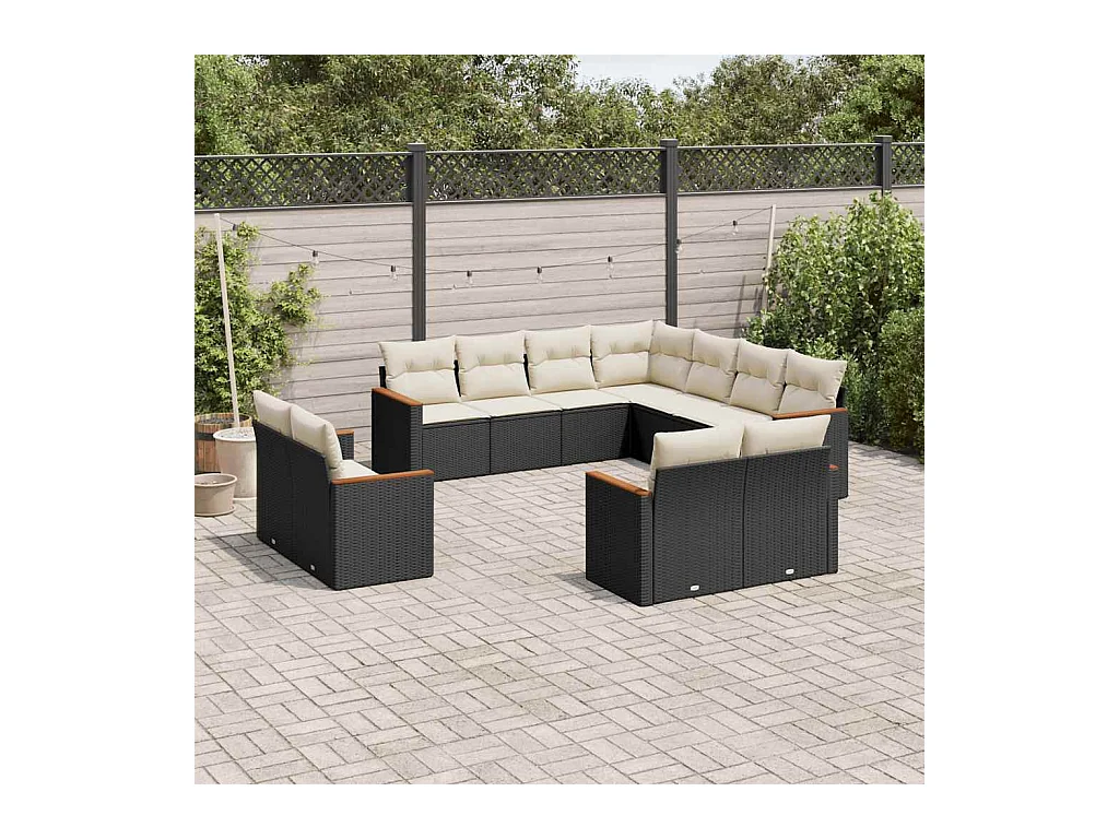 Salon de jardin 11 pcs avec coussins noir résine tressée