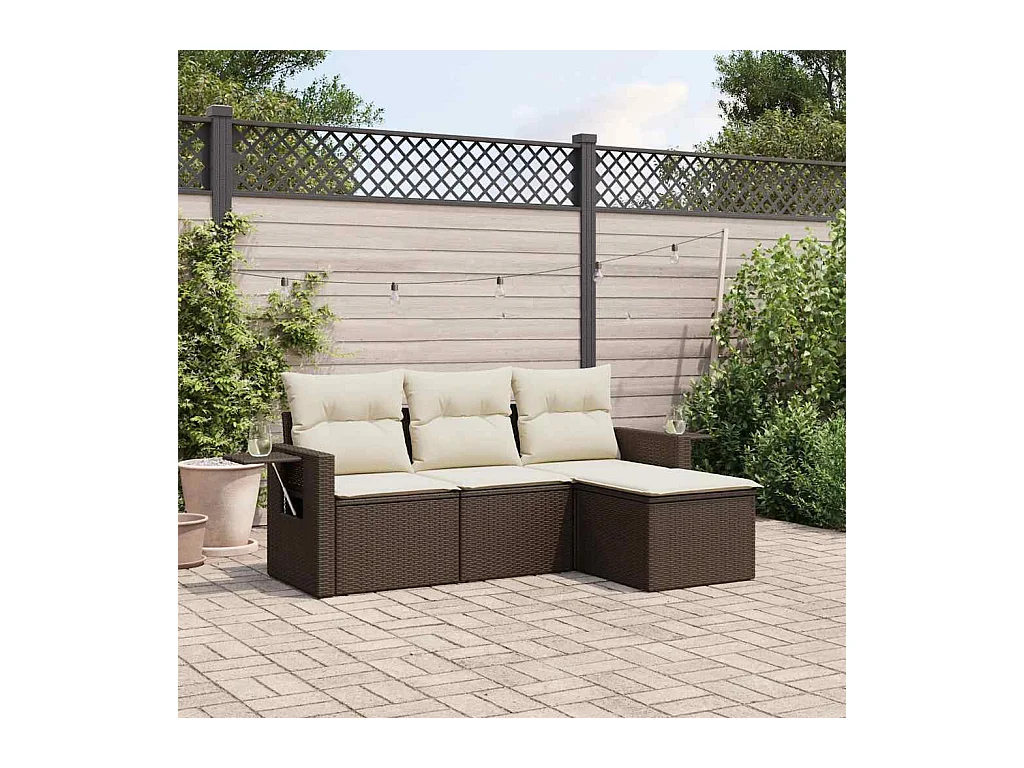Set Divano da Giardino 4 pz con Cuscini Marrone in Polyrattan
