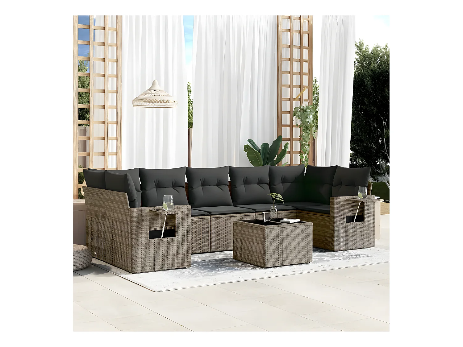 Salon de jardin 8 pcs avec coussins gris résine tressée