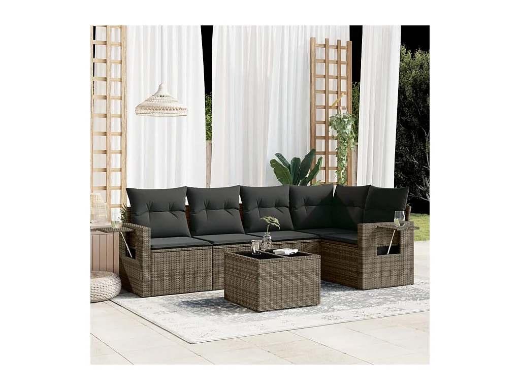 Salon de jardin 6 pcs avec coussins gris résine tressée