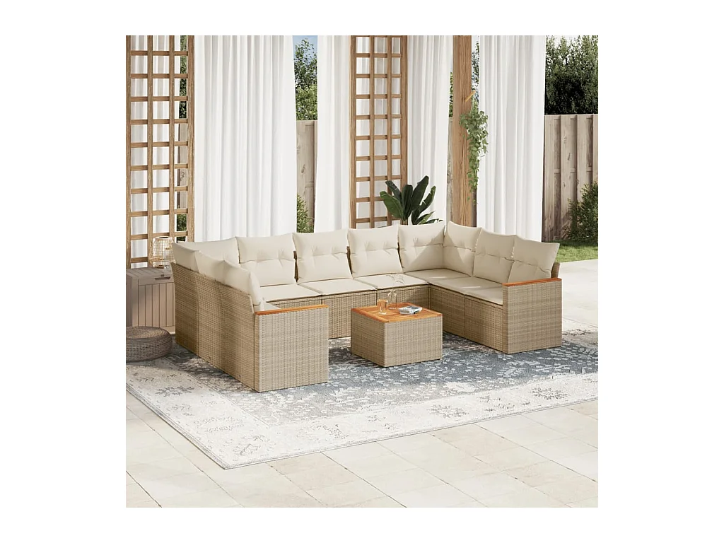Salon de jardin avec coussins 10 pcs beige résine tressée