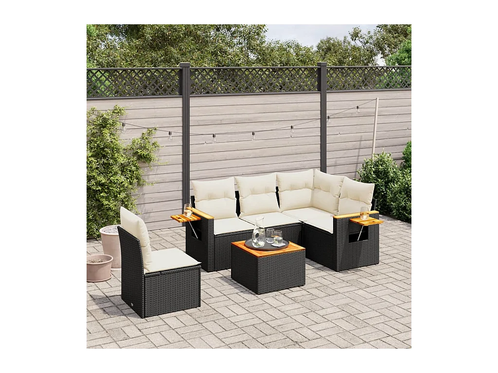 6-tlg. Garten-Sofagarnitur mit Kissen Schwarz Poly Rattan
