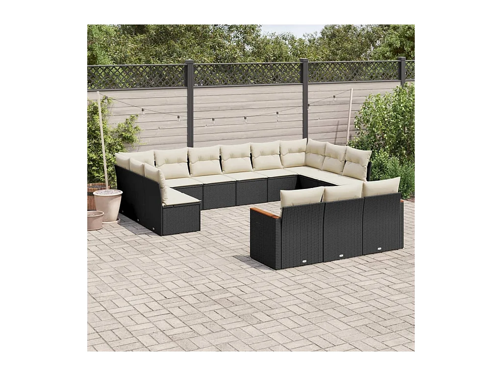 Salon de jardin avec coussins 13 pcs noir résine tressée
