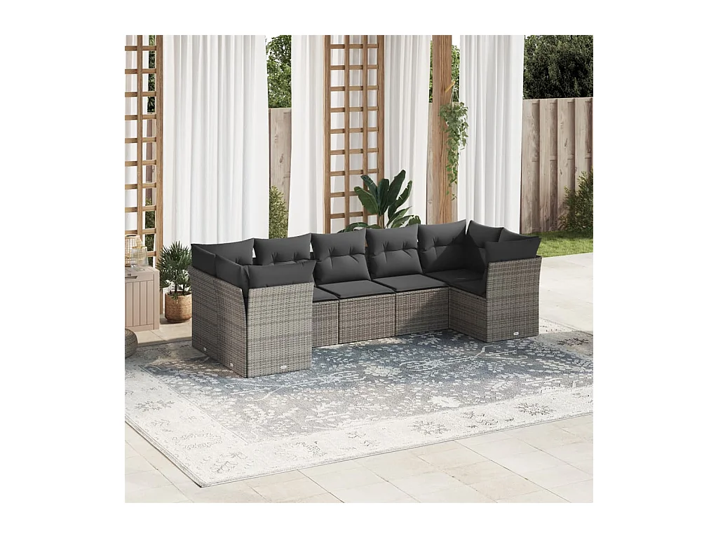 Salon de jardin avec coussins 7 pcs gris résine tressée