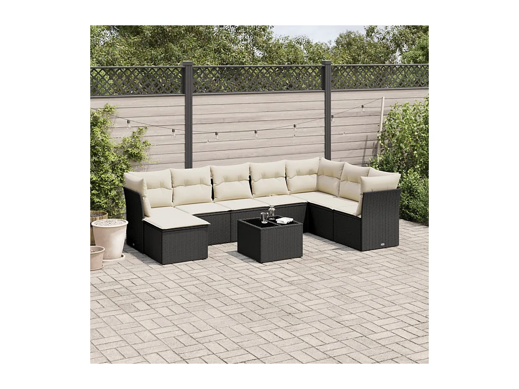 Salon de jardin 9 pcs avec coussins noir résine tressée