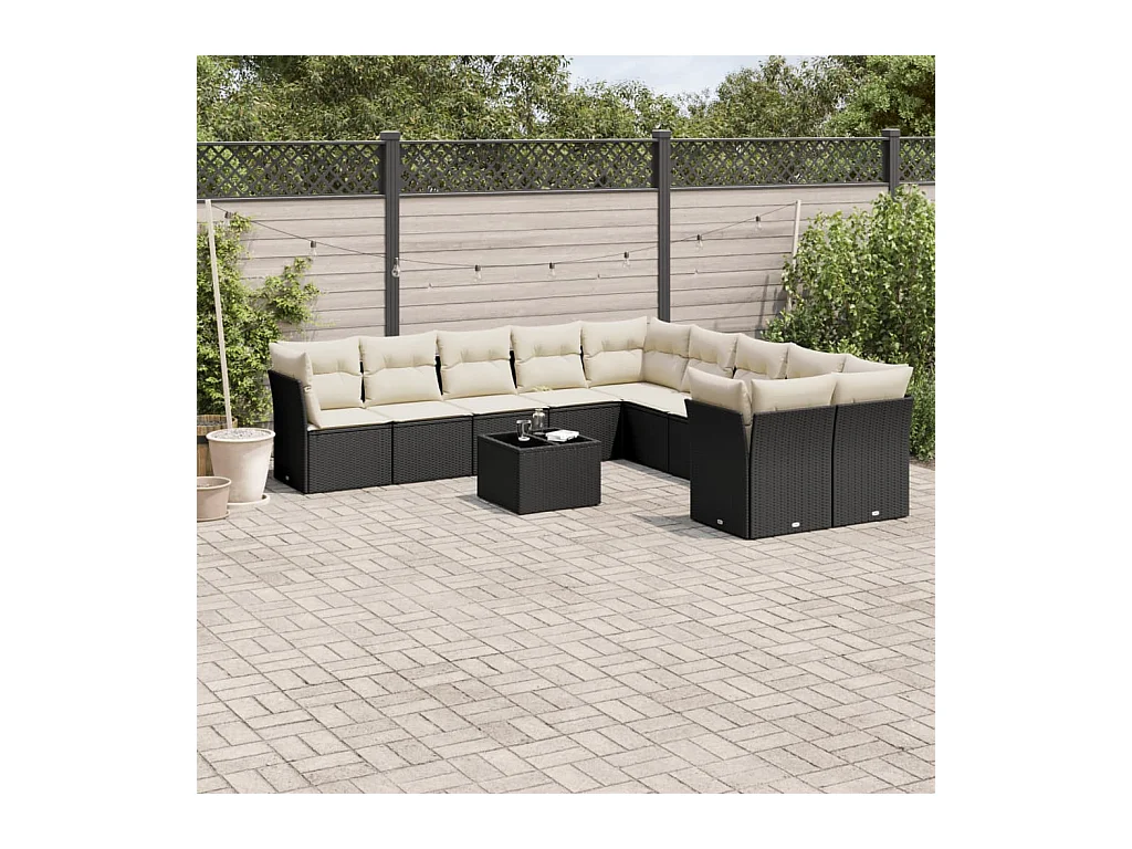 11-delige Loungeset met kussens poly rattan zwart
