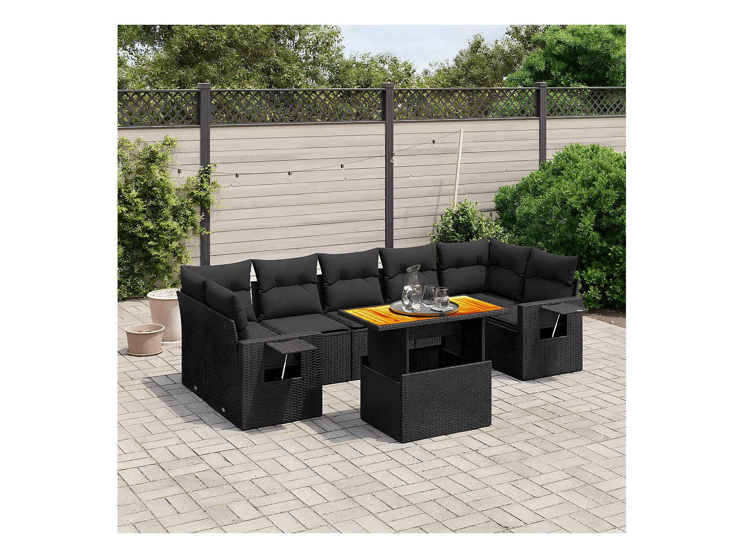 Salon de jardin 8 pcs avec coussins noir résine tressée