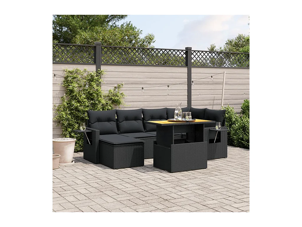 7-delige Loungeset met kussens poly rattan zwart