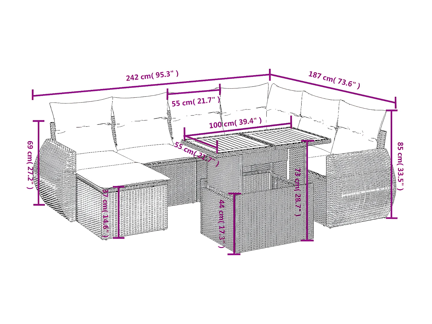 8-tlg. Garten-Sofagarnitur mit Kissen Schwarz Poly Rattan