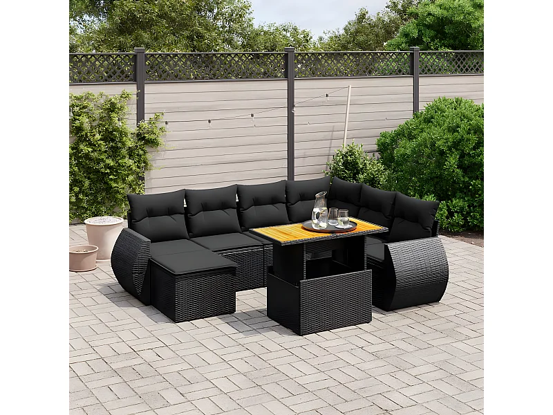 Salon de jardin 8 pcs avec coussins noir résine tressée
