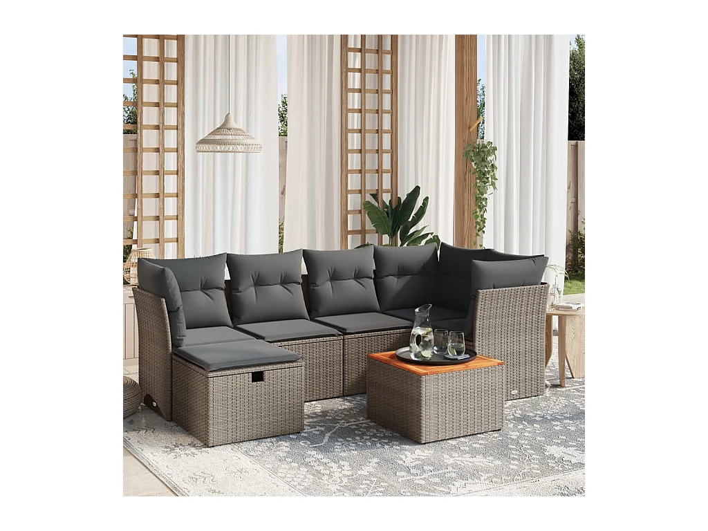 Salon de jardin avec coussins 7 pcs gris résine tressée