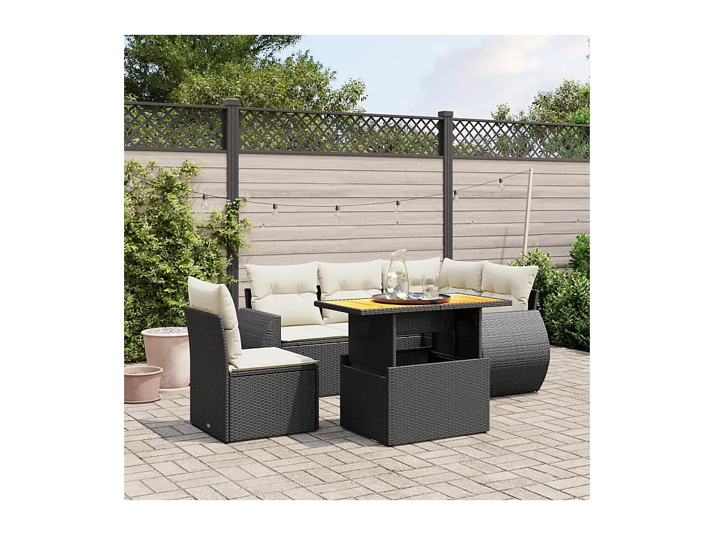 Salon de jardin 6 pcs avec coussins noir résine tressée
