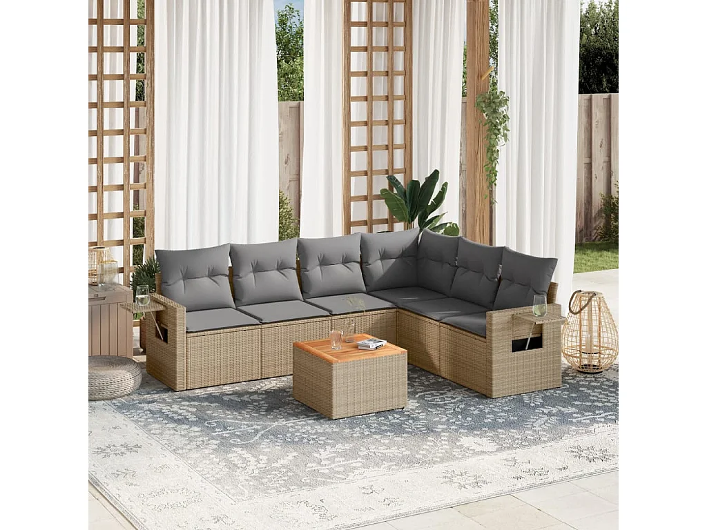 Set Divano da Giardino 7 pz con Cuscini Beige Misto Polyrattan