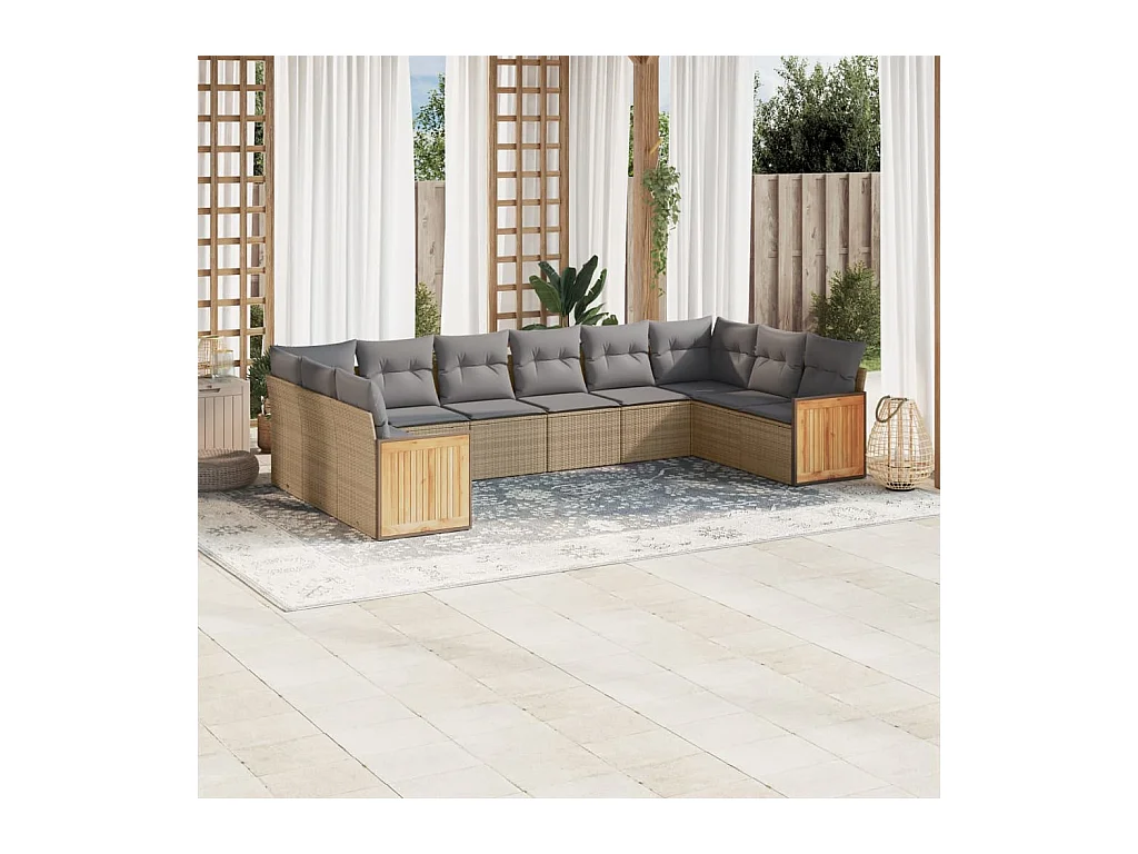Salon de jardin avec coussins 10 pcs beige résine tressée
