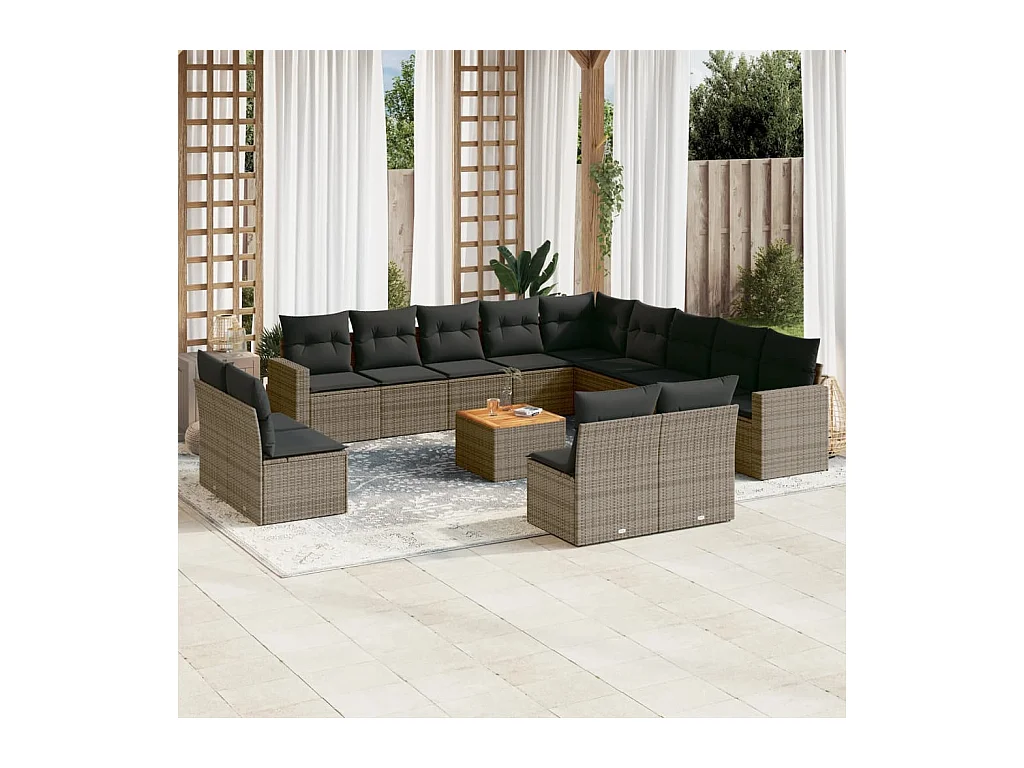 Set Divani da Giardino 14pz con Cuscini in Polyrattan Grigio