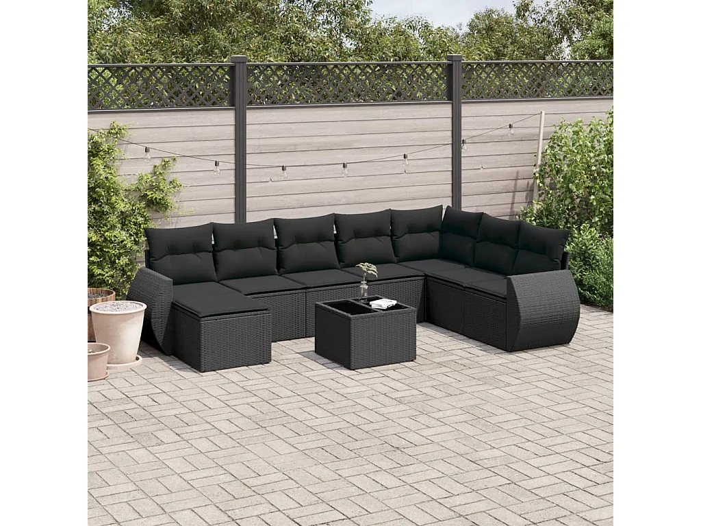 9 pcs conjunto de sofás p/ jardim c/ almofadões vime PE preto