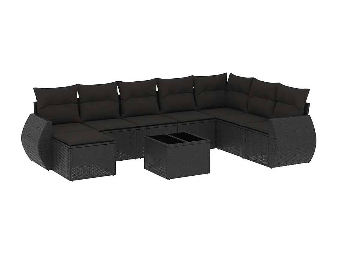 9 pcs conjunto de sofás p/ jardim c/ almofadões vime PE preto