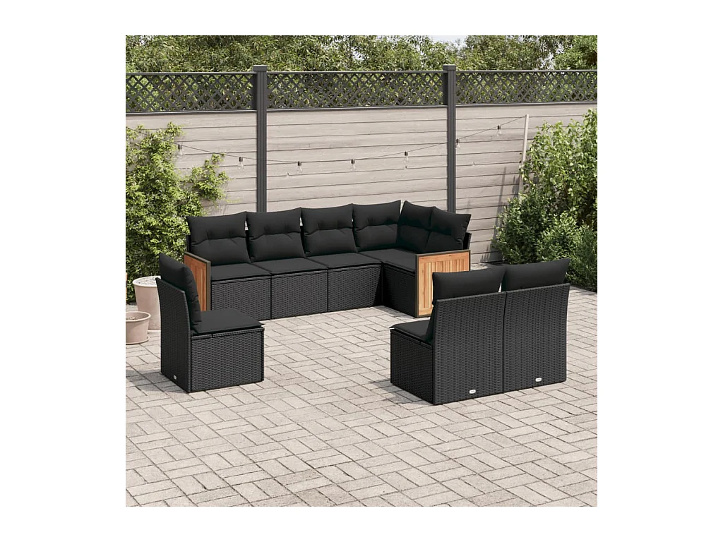 Salon de jardin 8 pcs avec coussins noir résine tressée