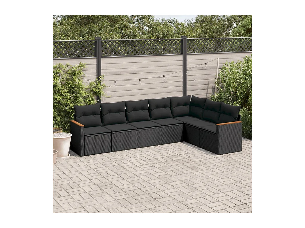 Salon de jardin 7 pcs avec coussins noir résine tressée