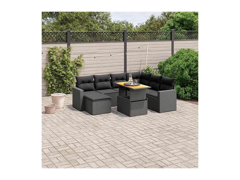 Salon de jardin 8 pcs avec coussins noir résine tressée