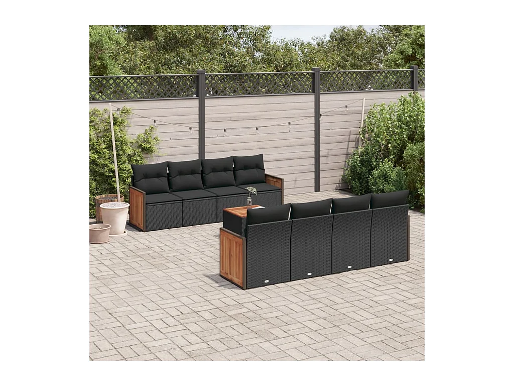 Salon de jardin 9 pcs avec coussins noir résine tressée