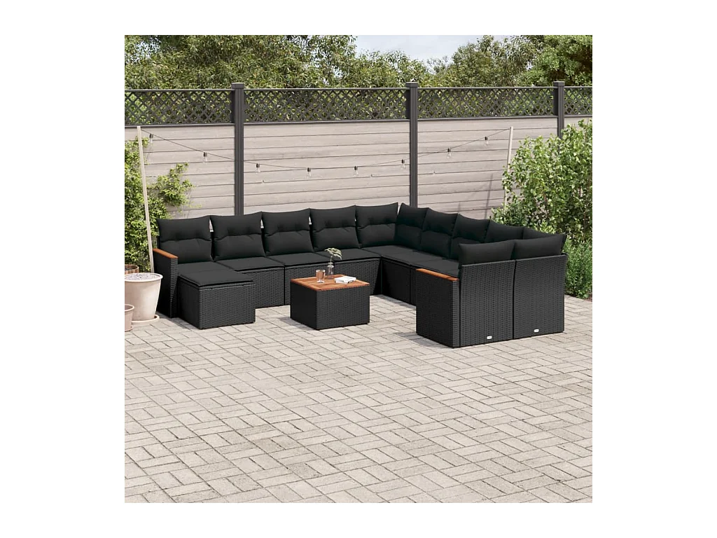 Salon de jardin 12 pcs avec coussins noir résine tressée