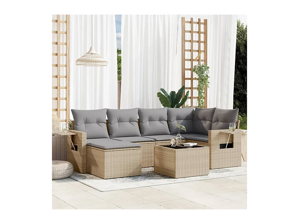 Salon de jardin avec coussins 7 pcs beige résine tressée
