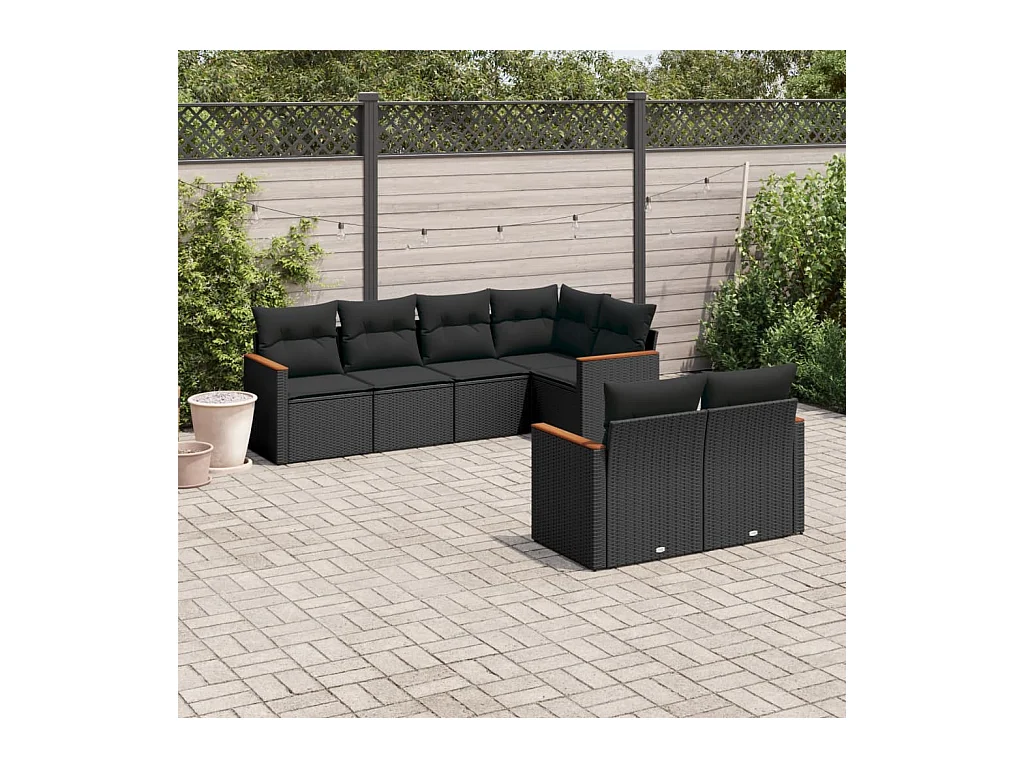 7-delige Loungeset met kussens poly rattan zwart