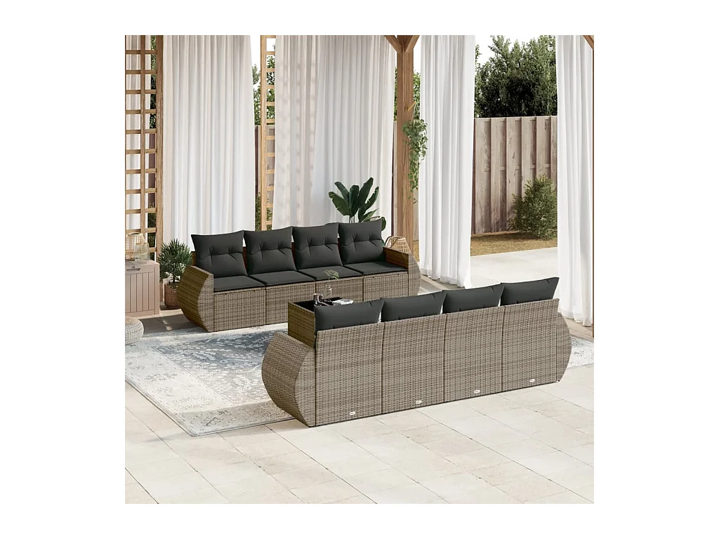Salon de jardin 9 pcs avec coussins gris résine tressée