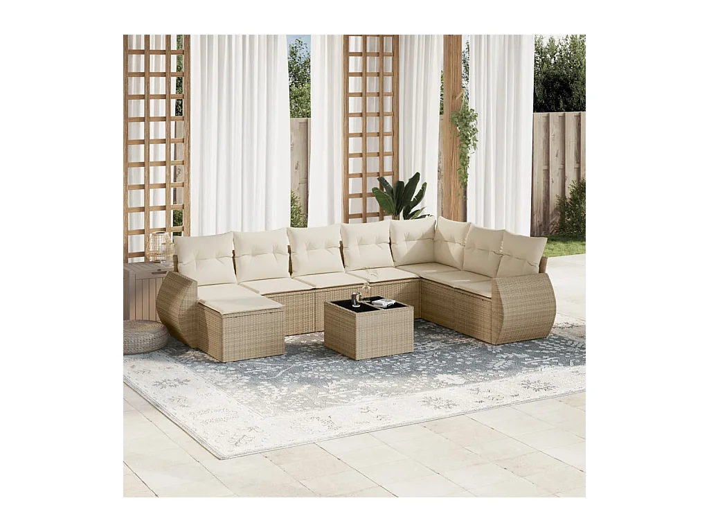 Salon de jardin avec coussins 9 pcs beige résine tressée