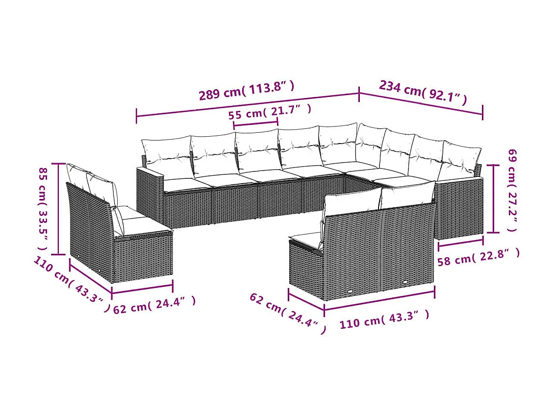 Set Divani da Giardino 12 pz con Cuscini Beige in Polyrattan