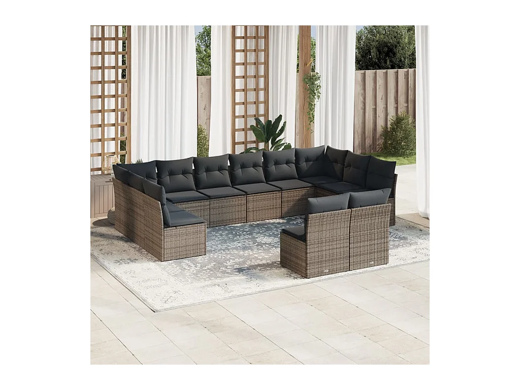 Salon de jardin avec coussins 12 pcs gris résine tressée
