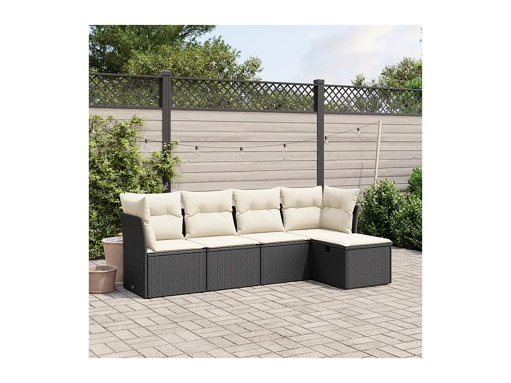 5-delige Loungeset met kussens poly rattan zwart
