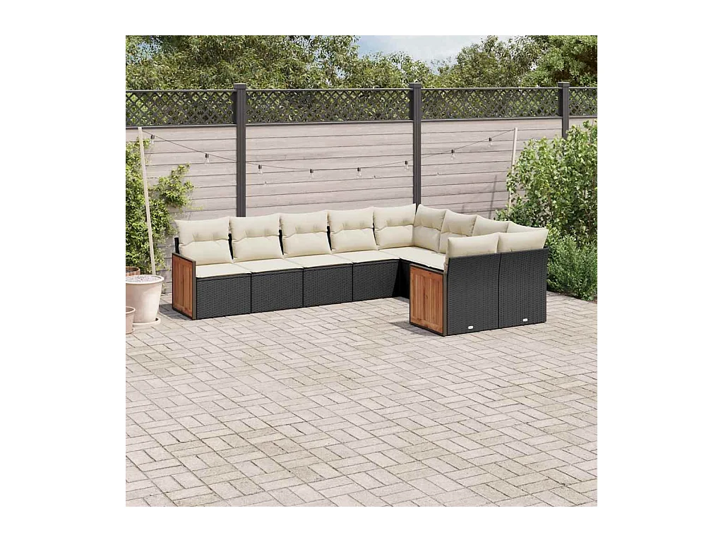 Salon de jardin 9 pcs avec coussins noir résine tressée