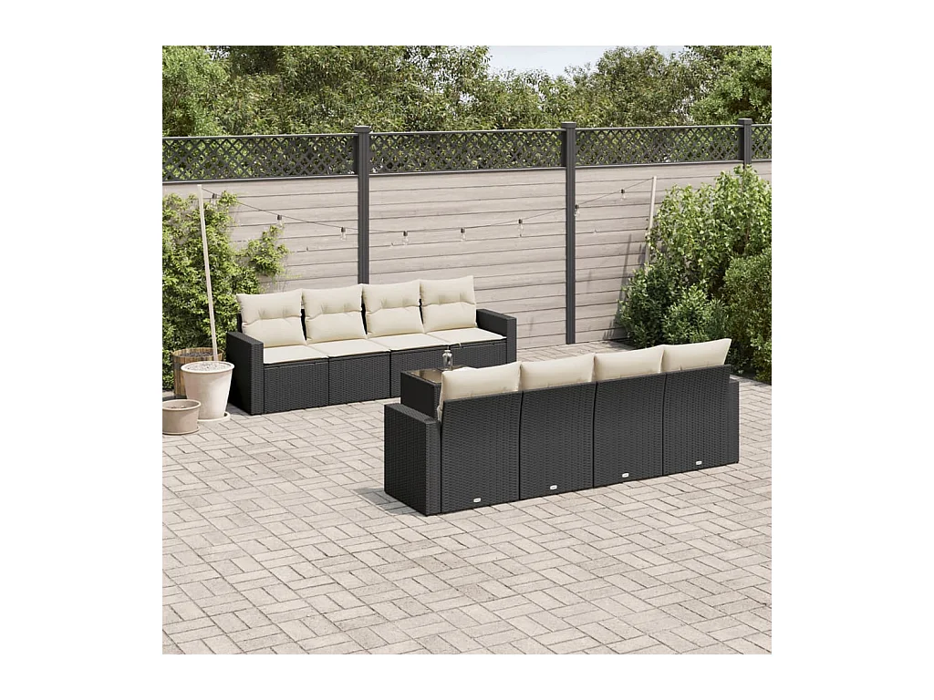 Salon de jardin 9 pcs avec coussins noir résine tressée