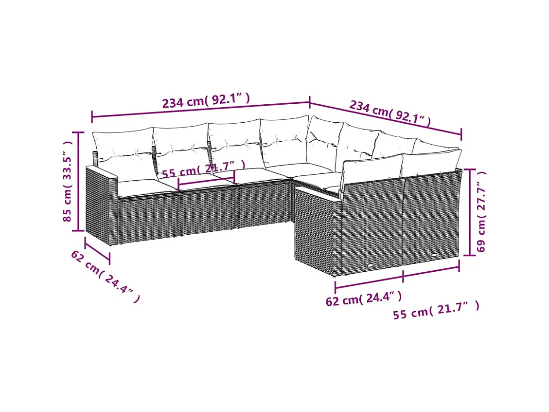 Salon de jardin 8 pcs avec coussins gris résine tressée