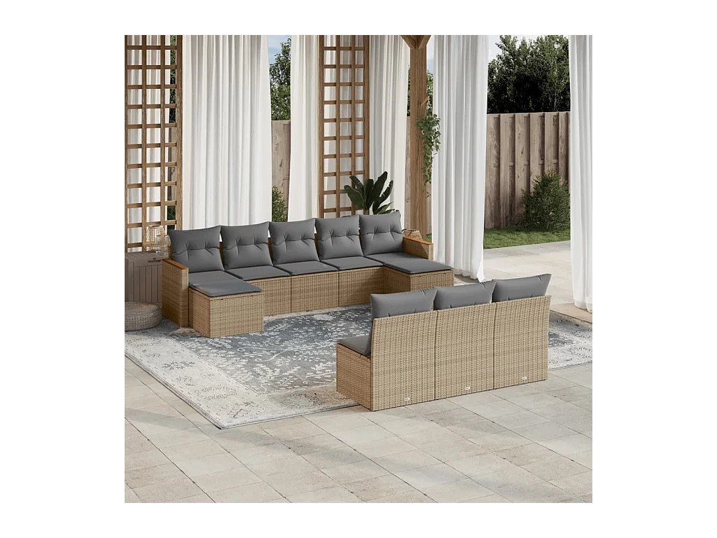 Salon de jardin et coussins 10 pcs mélange beige résine tressée