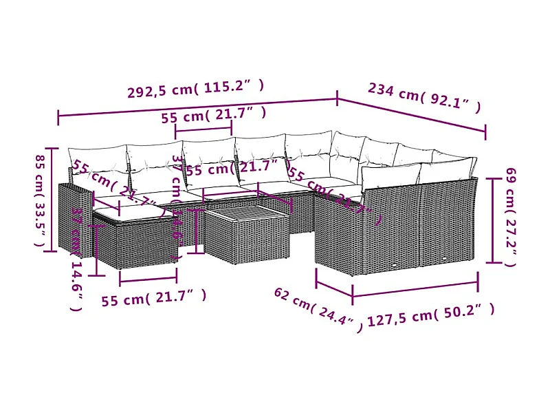 11-tlg. Garten-Sofagarnitur mit Kissen Schwarz Poly Rattan
