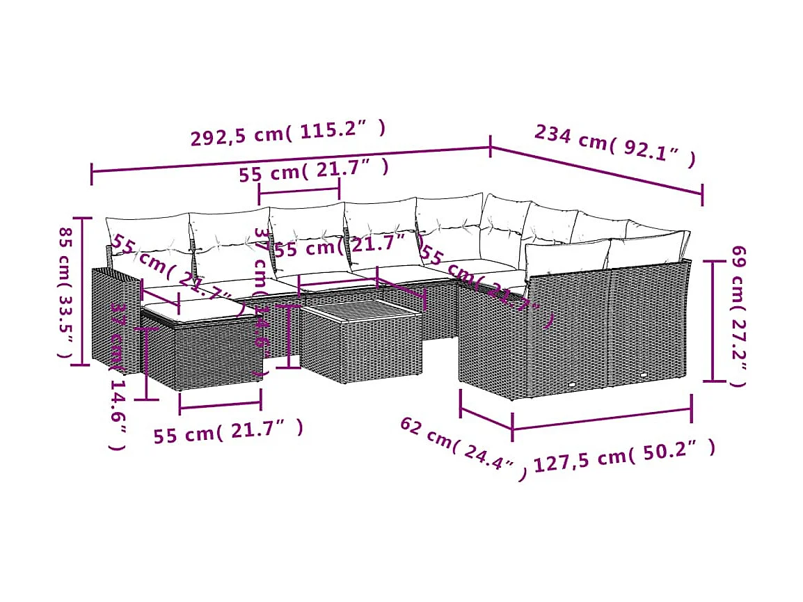 Set Divani da Giardino 11 pz con Cuscini in Polyrattan Nero