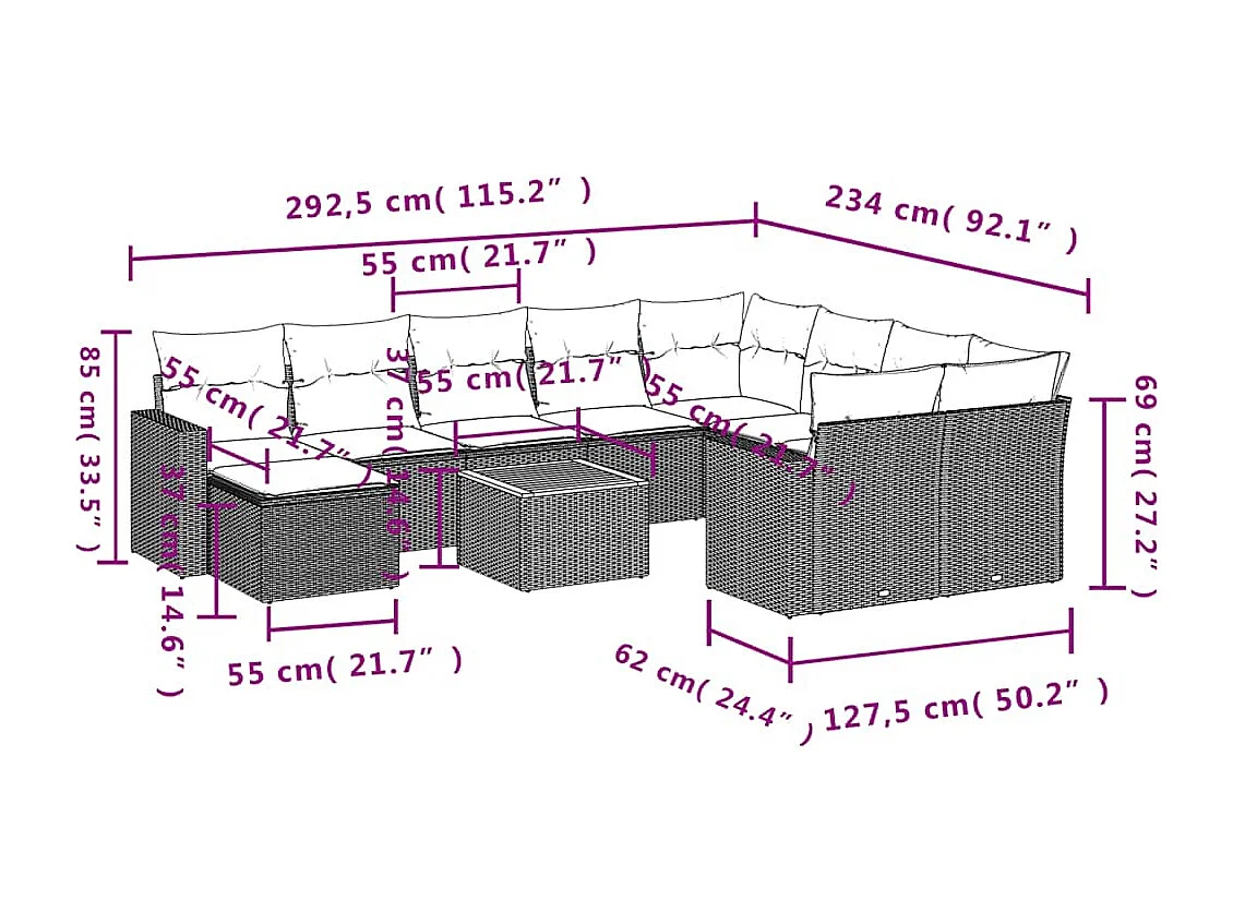 11 pcs conjunto sofás de jardim c/ almofadões vime PE preto
