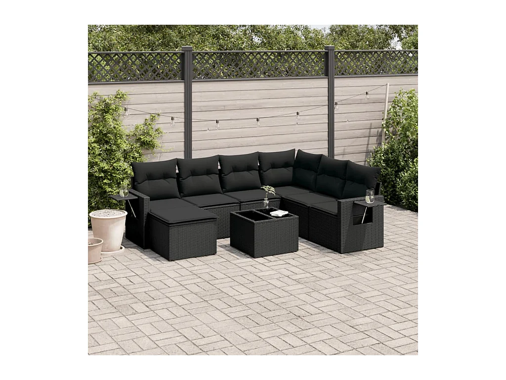 Salon de jardin 8 pcs avec coussins noir résine tressée