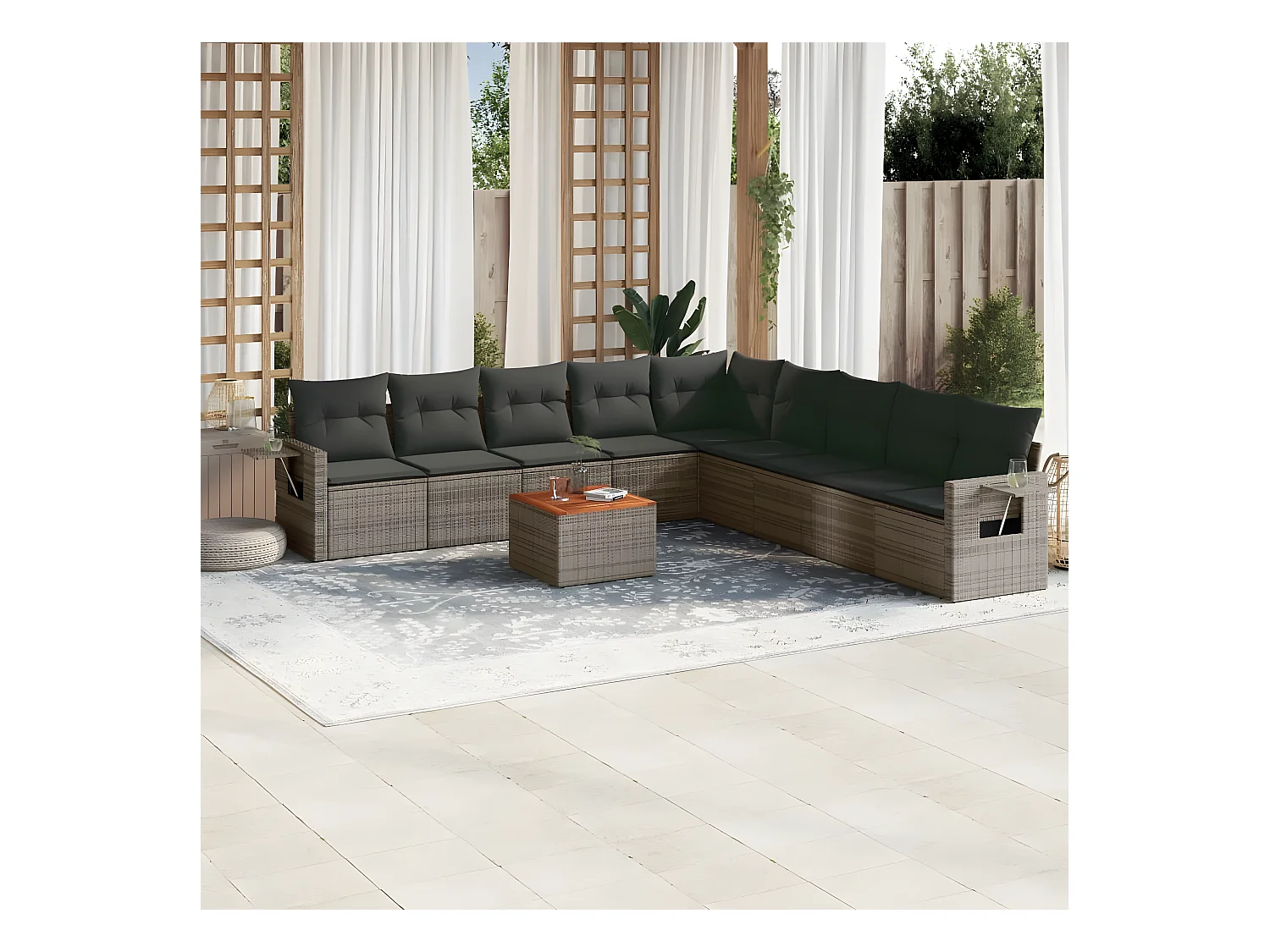10-delige Loungeset met kussens poly rattan grijs