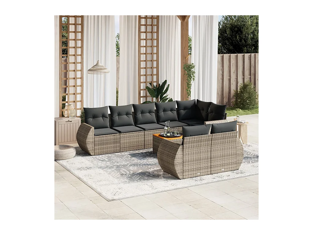 Salon de jardin 9 pcs avec coussins gris résine tressée