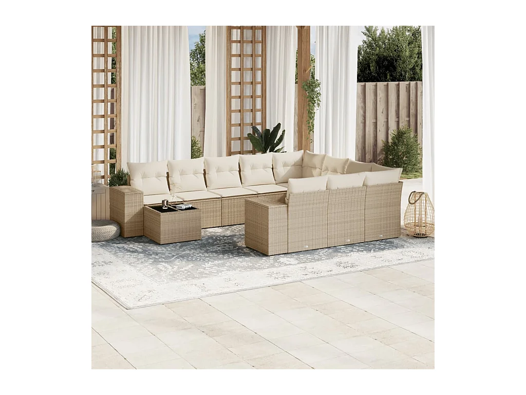 11-delige Tuinset met kussens poly rattan beige