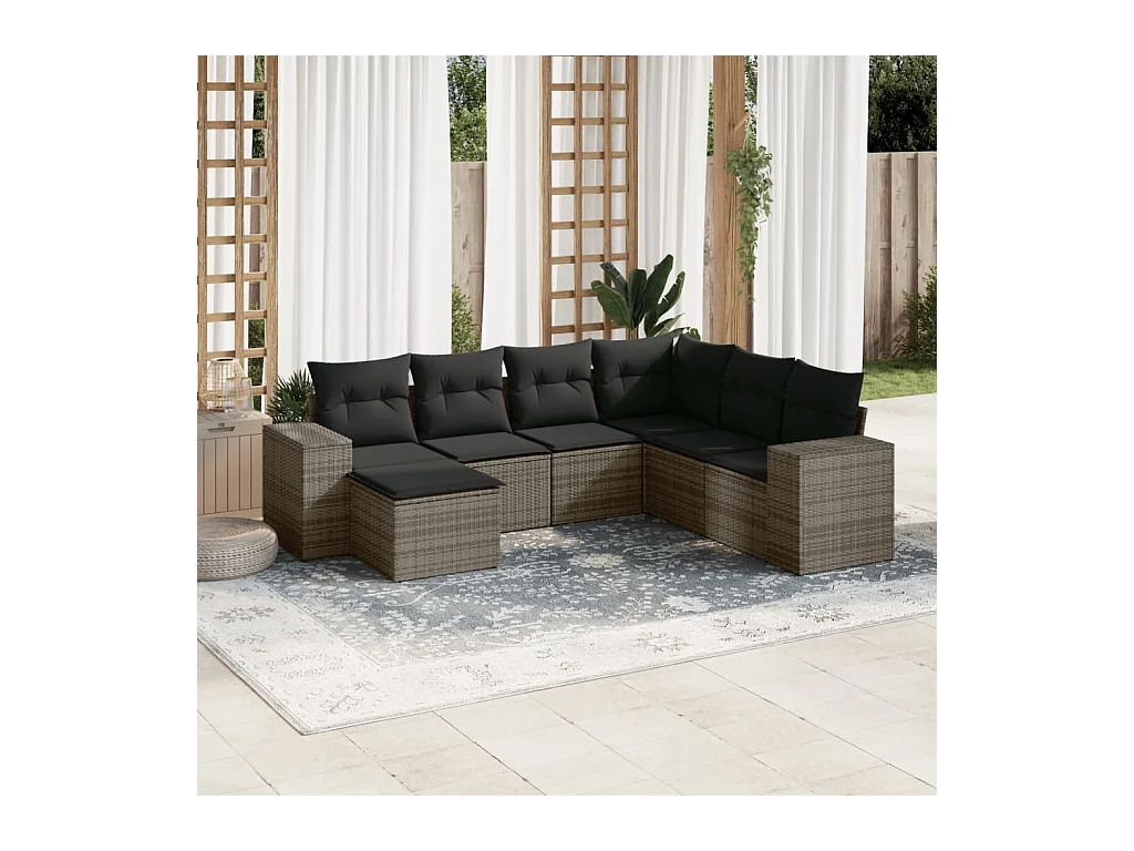 Salon de jardin avec coussins 7 pcs gris résine tressée