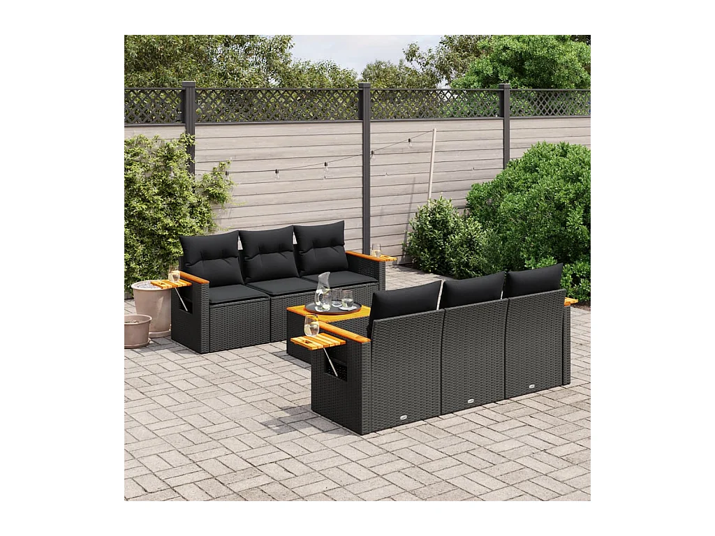 Salon de jardin 7 pcs avec coussins noir résine tressée