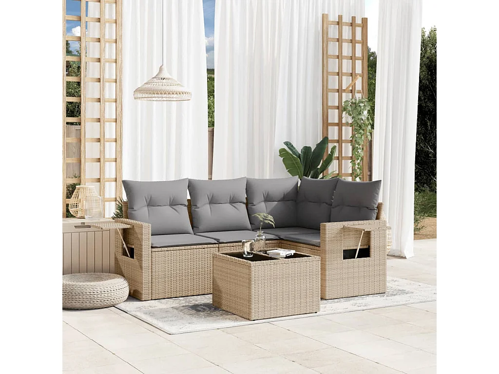 Set Divano da Giardino 5 pz con Cuscini Beige in Polyrattan