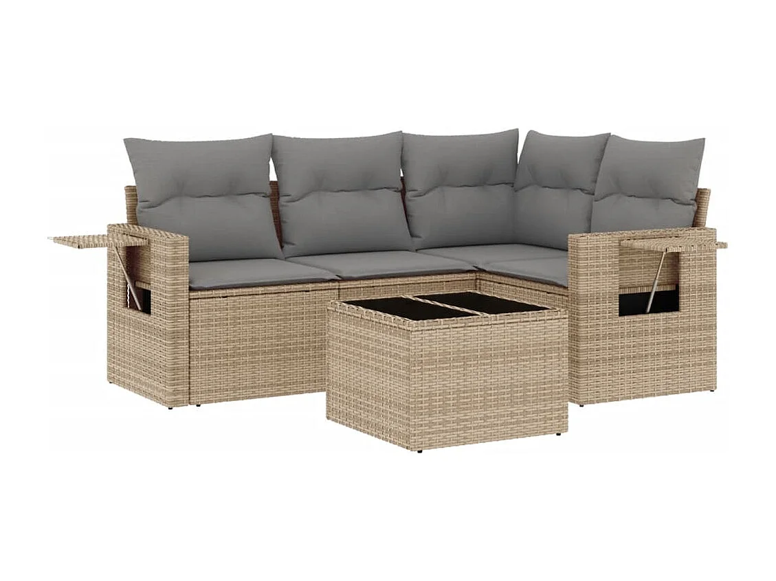 Set Divano da Giardino 5 pz con Cuscini Beige in Polyrattan